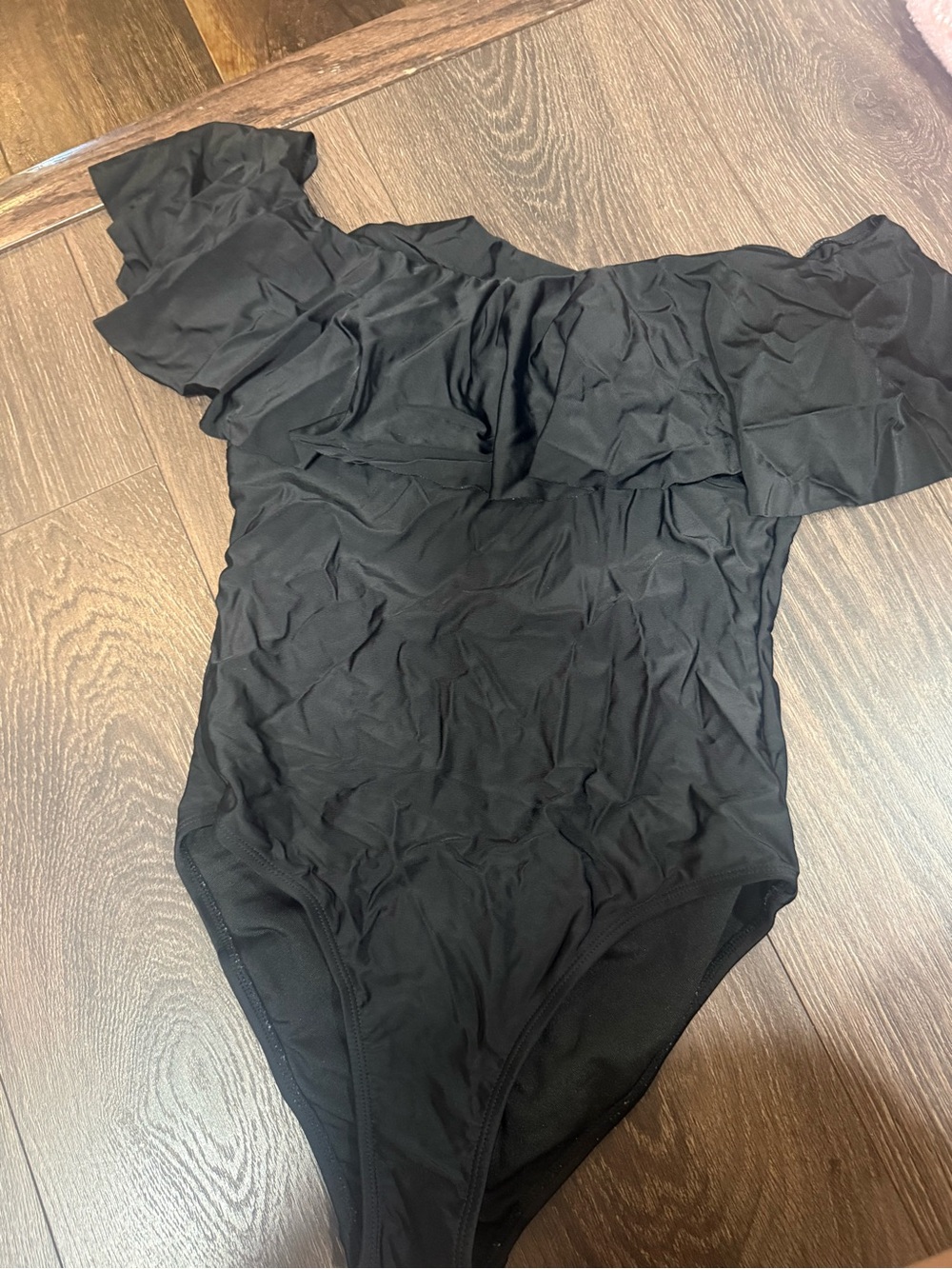 Black Ruffle Off-Shoulder One-Piece Bodysuit